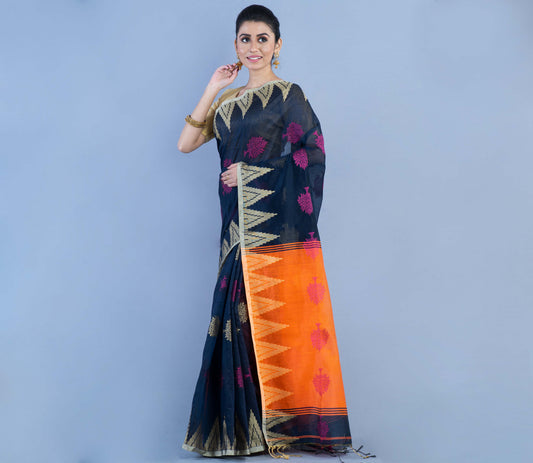 Handloom Saree - Navy Blue & Orange Anchal - ArtisanSoul