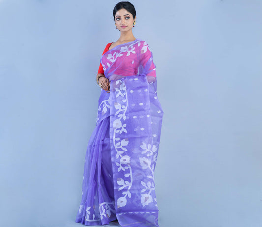 Handloom Muslin Silk Saree - White Leaf Design on Lavender - ArtisanSoul