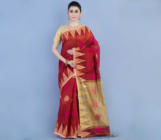 Handloom Saree - Maroon & Maple Anchal - ArtisanSoul