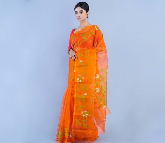 Handloom Muslin Silk Saree - Orange With Leaf Design - ArtisanSoul