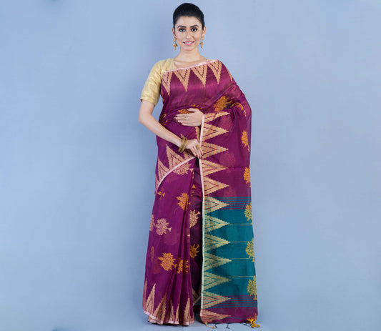 Handloom Saree - Purple & Cyan Blue Anchal - ArtisanSoul