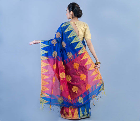 Handloom Saree With all Over Work - Blue & Red Anchal - ArtisanSoul