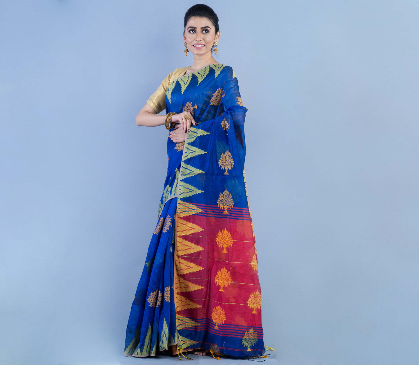 Handloom Saree With all Over Work - Blue & Red Anchal - ArtisanSoul
