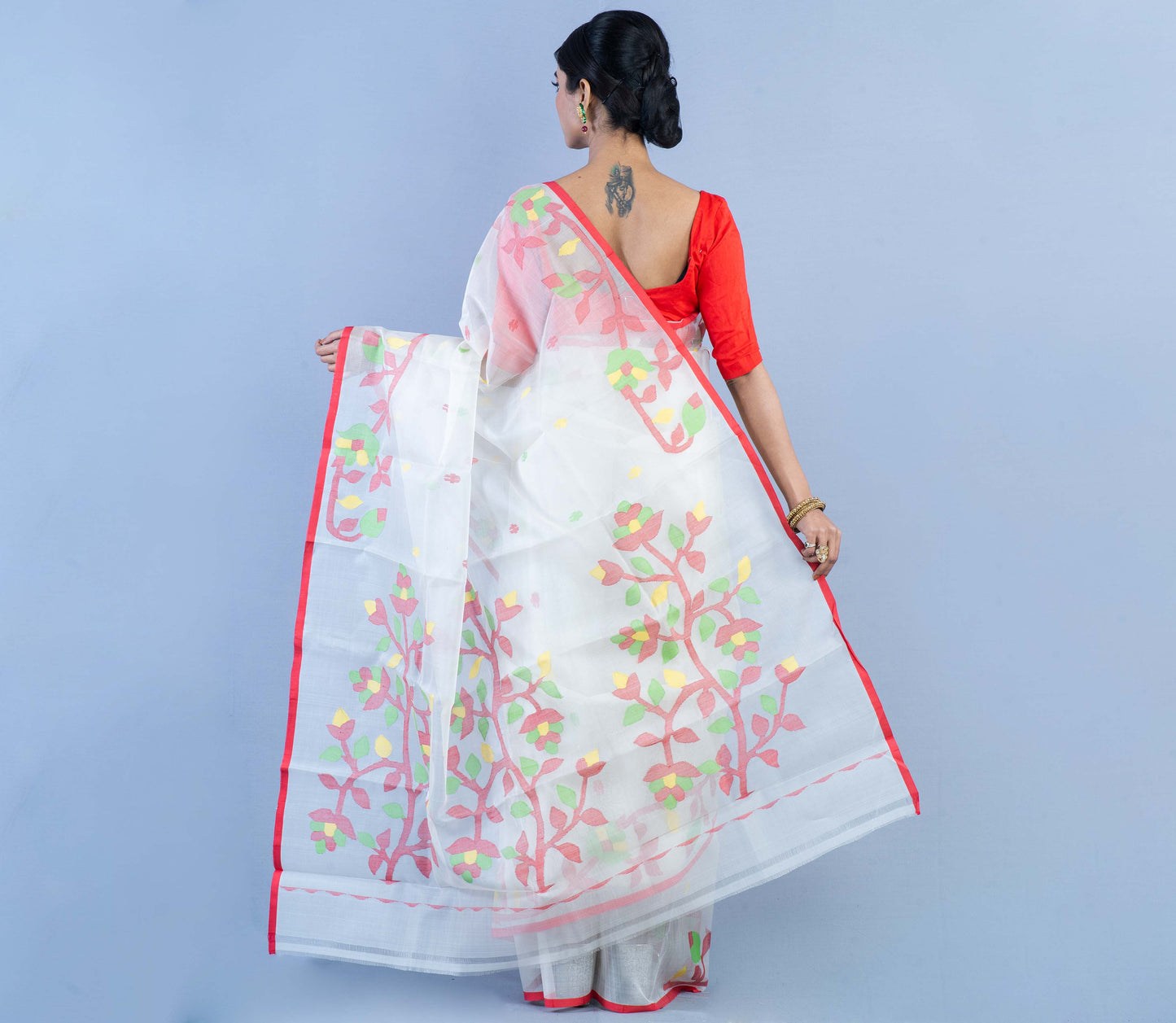Handloom Muslin Silk Saree - Red Leaf Design on White - ArtisanSoul