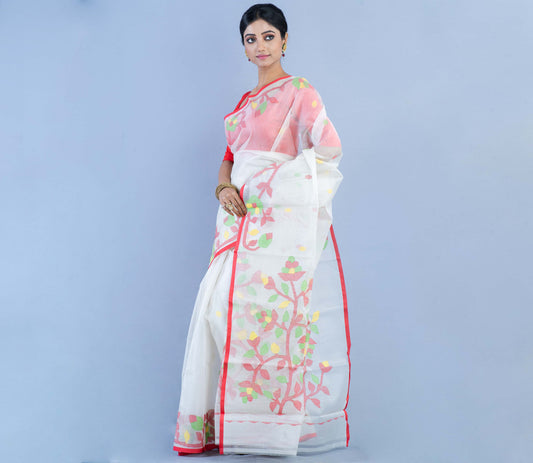 Handloom Muslin Silk Saree - Red Leaf Design on White - ArtisanSoul