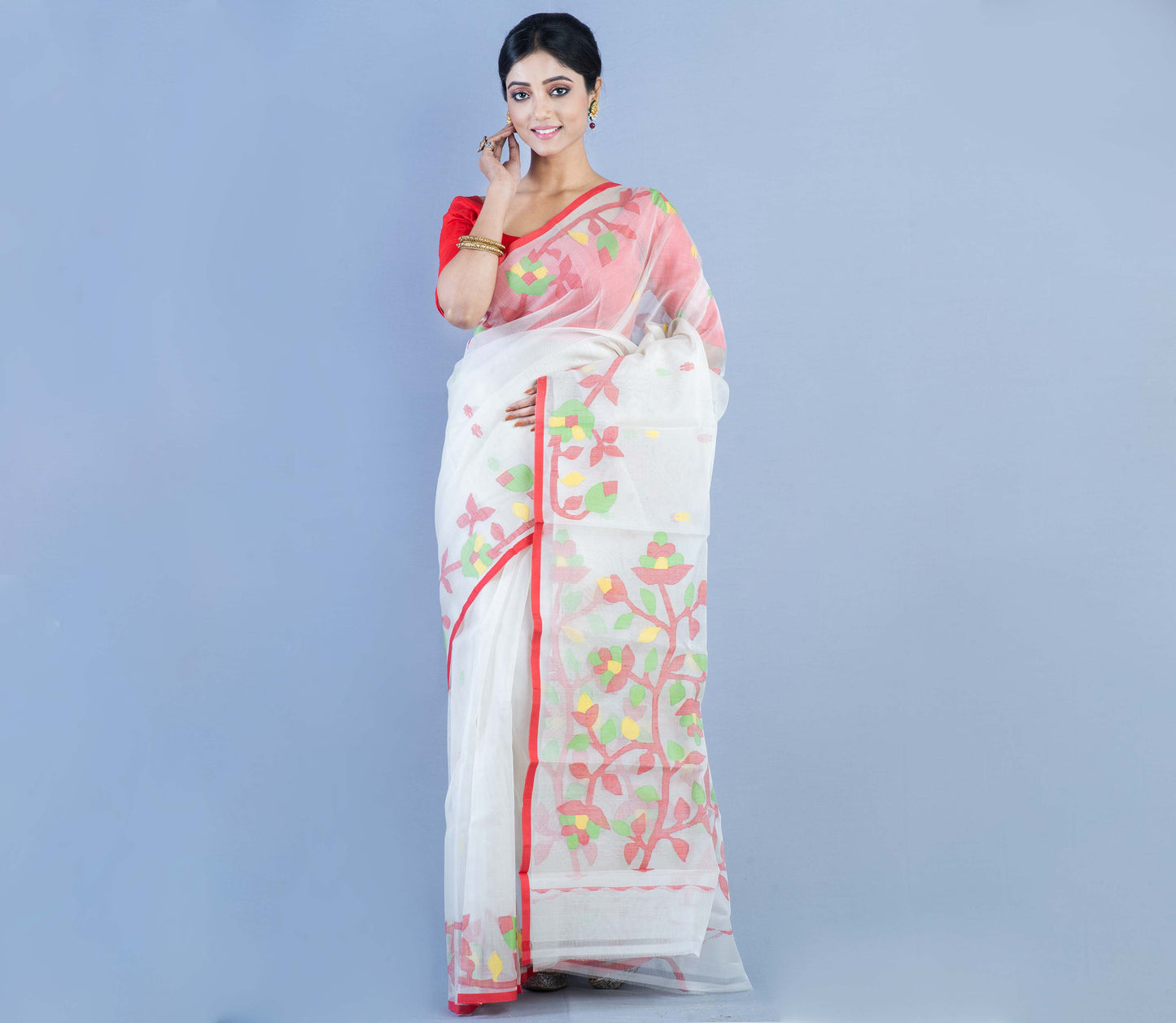 Handloom Muslin Silk Saree - Red Leaf Design on White