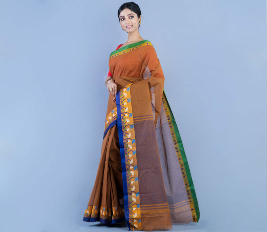 Handloom Tant Saree With Lotus Design on Par - Brown & Blue - ArtisanSoul