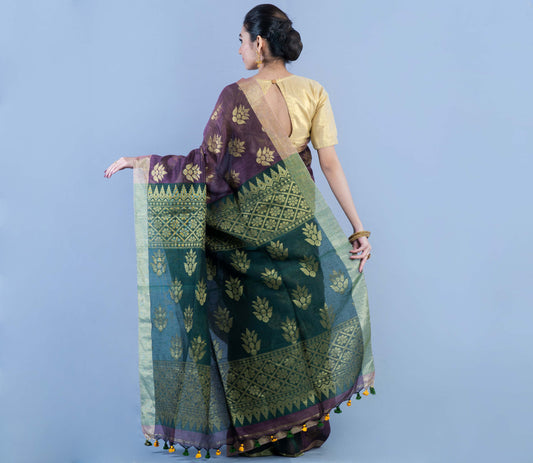 Handloom Linen Zamdani - Violet & Bottle Green - ArtisanSoul