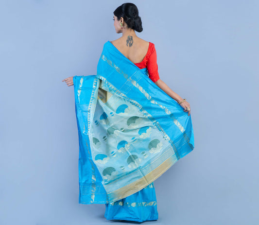Handloom Tant Saree - Sky Blue & Vanilla - ArtisanSoul