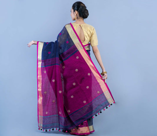Handloom Linen Saree - Prussian Blue & Purple - ArtisanSoul