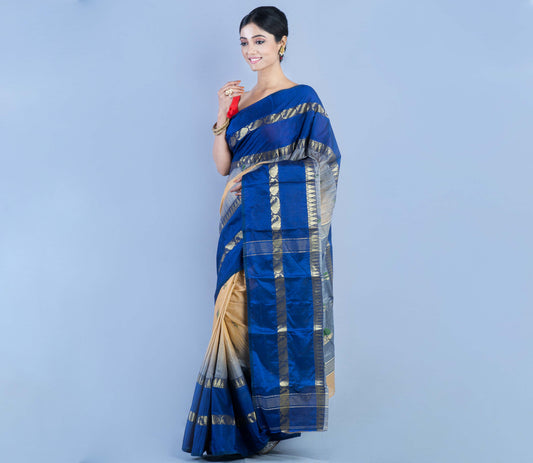 Handloom Tant Saree - Navy Blue and Vanilla - ArtisanSoul