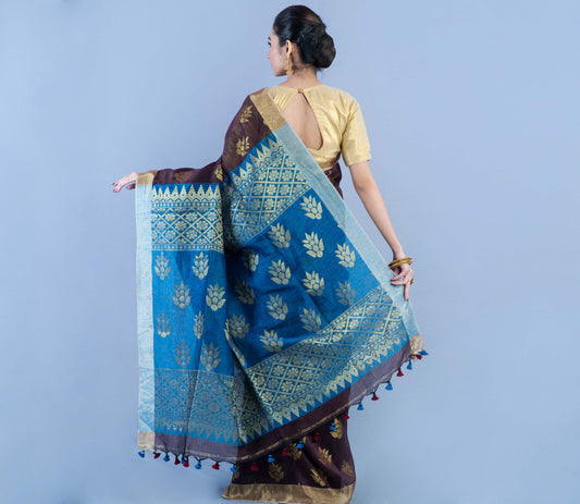 HANDLOOM LINEN SAREE WITH ALL OVER ZARI WORK - NAVY BLUE AND BLUE - ArtisanSoul