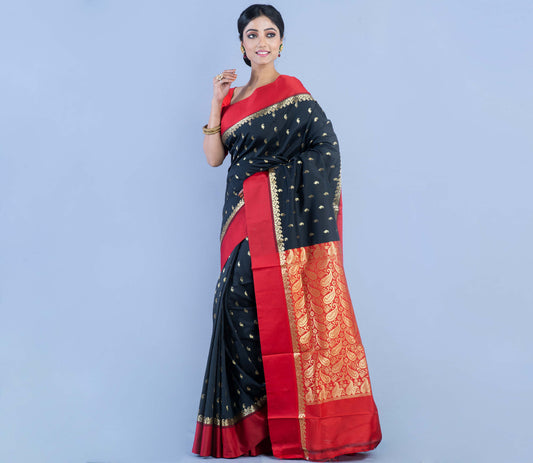 Handloom Garod Silk Saree With All Over Zari Work - Black with Red Par & Anchal - ArtisanSoul