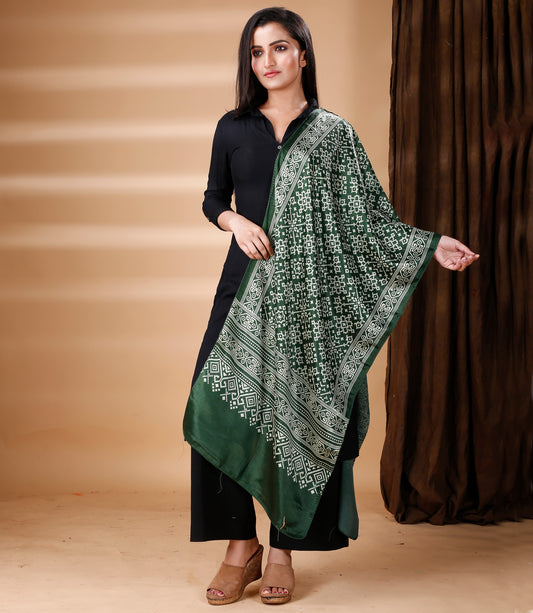 Ajrakh Print Modal Silk Stole From Bengal - Olive Green - ArtisanSoul