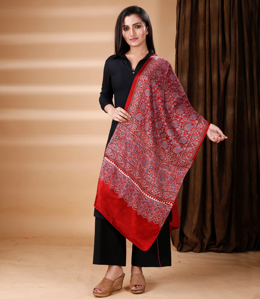 Ajrakh Print Modal Silk Stole From Bengal - Maroon - ArtisanSoul