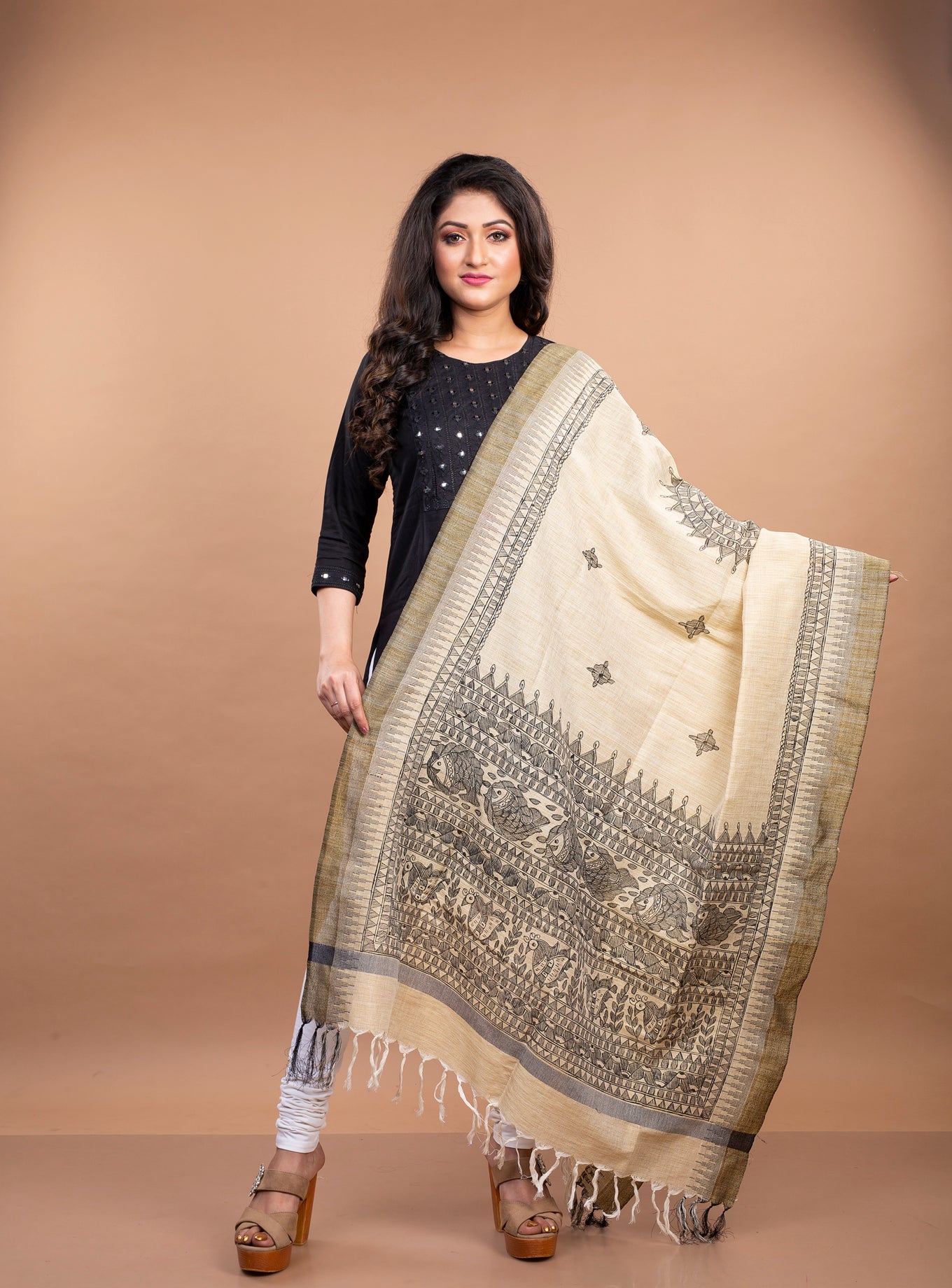 Madhubani Painting Dupatta From Bihar - Black on Beige