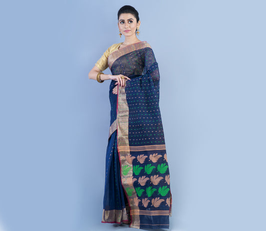 Handloom Tant Saree Navy Blue With Zari Par - ArtisanSoul