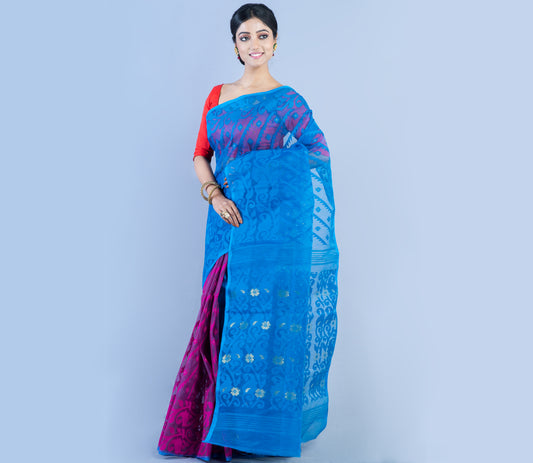 Handloom Zamdani Saree With All Over Work - Purple & Blue - ArtisanSoul