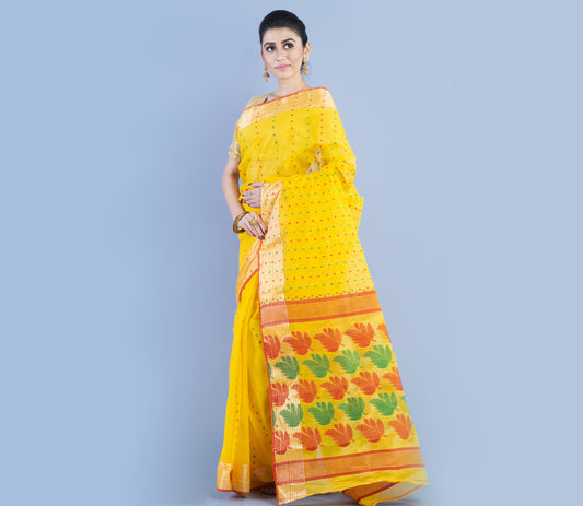 Handloom Jamdani Saree With Work On Yellow - ArtisanSoul
