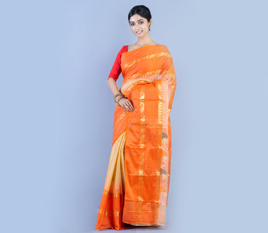 Handloom Tant Saree - Orange And Vanilla - ArtisanSoul
