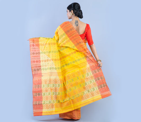 Handloom Tant Saree With Red & Green Work on Yellow - ArtisanSoul