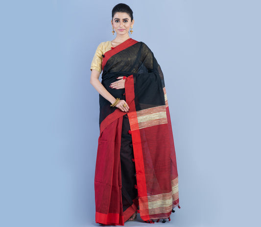 Handloom Patli Pallu Saree with Gheecha Design Anchal - Black & Maroon - ArtisanSoul