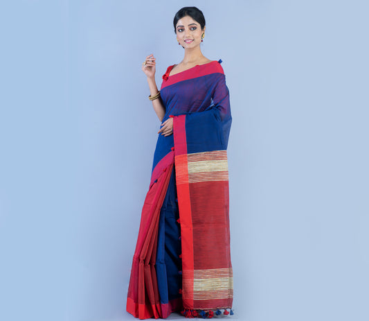Handloom Patli Pallu Saree with Gheecha Design Anchal - Blue & Maroon - ArtisanSoul