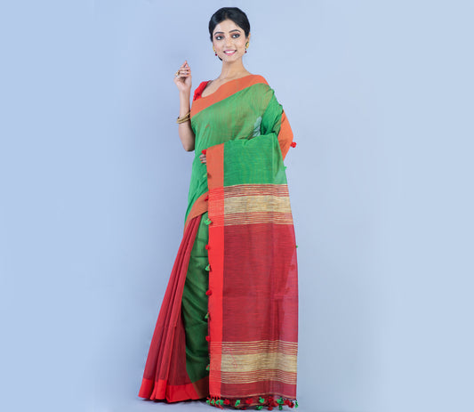 Handloom Patli Pallu Saree with Gheecha Design Anchal - Red & Green - ArtisanSoul