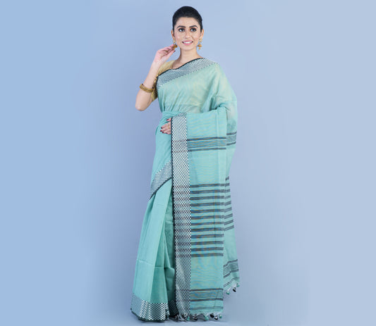 Handloom Saree - Sky Blue With Checkred Zari Par - ArtisanSoul