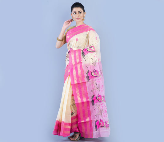 Handloom Cotton Saree with Embroidery Work - White & Pink - ArtisanSoul