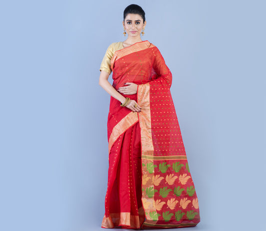 Handloom Jamdani Saree - Red - ArtisanSoul