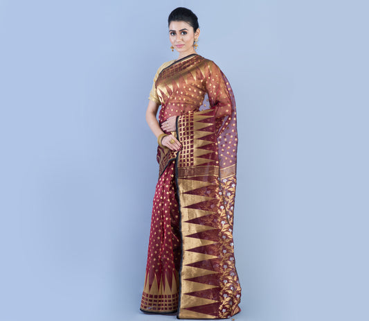 Handloom Saree with Jamdani Patterns all over the Saree - Burnt Sienna - ArtisanSoul