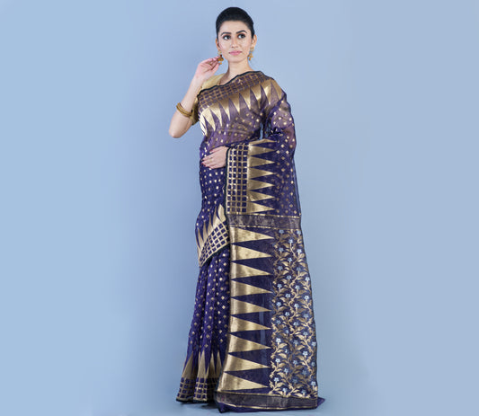 Handloom Saree with Jamdani Patterns all over the saree - Navy Blue - ArtisanSoul