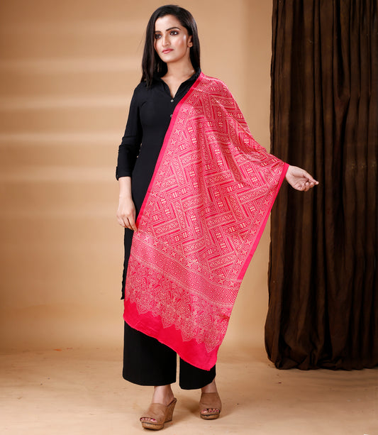 Ajrakh Print Modal Silk Stole From Bengal - Pink - ArtisanSoul