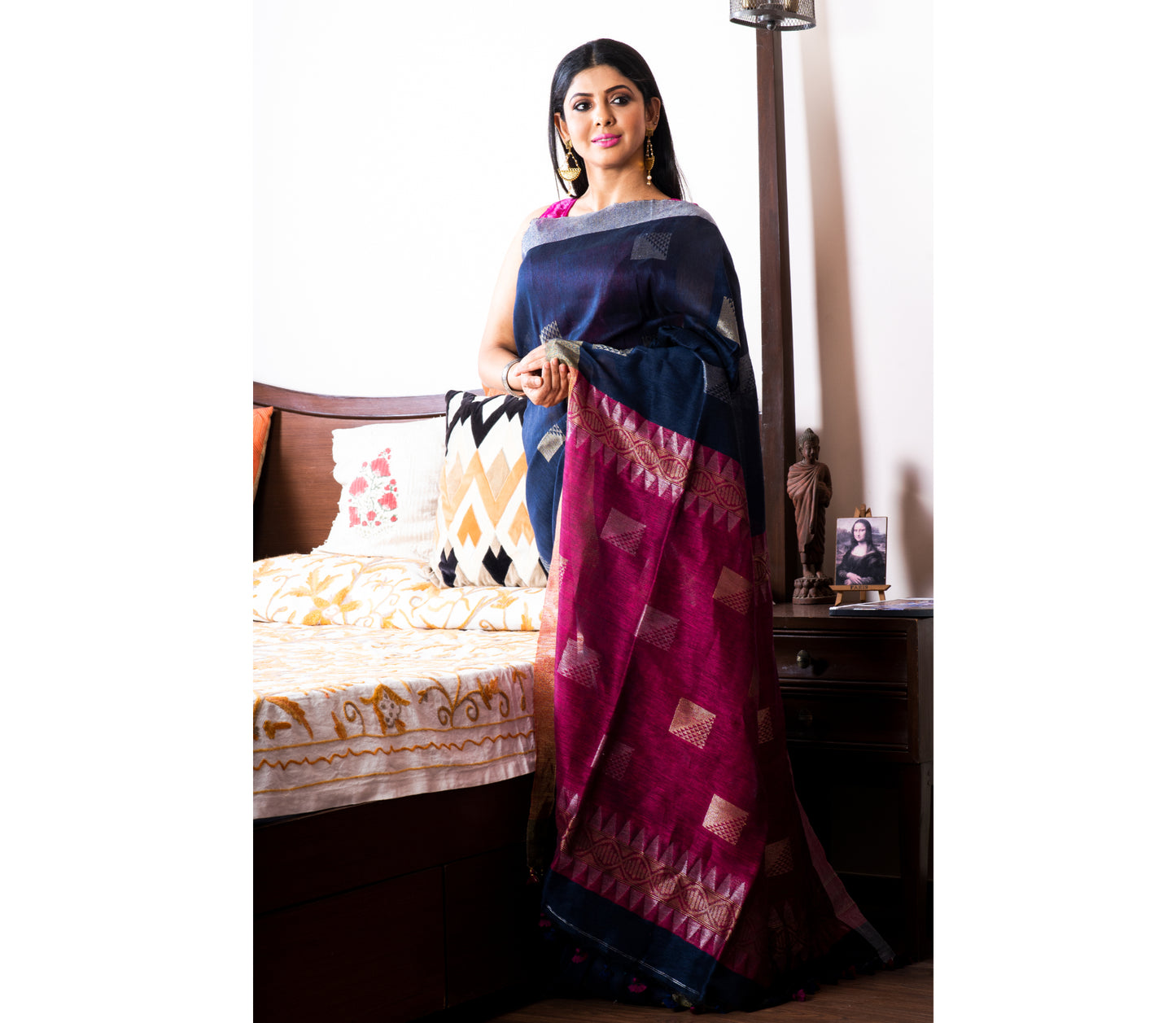 Handloom Linen Saree With All Over Work - Navy Blue & Purple - ArtisanSoul