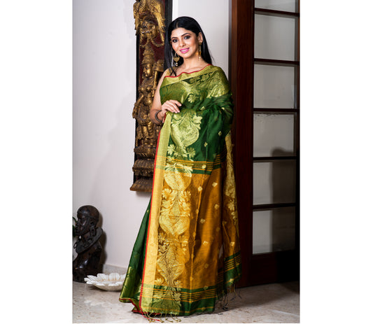Handloom Saree - Bottle Green & Mustard Yellow - ArtisanSoul