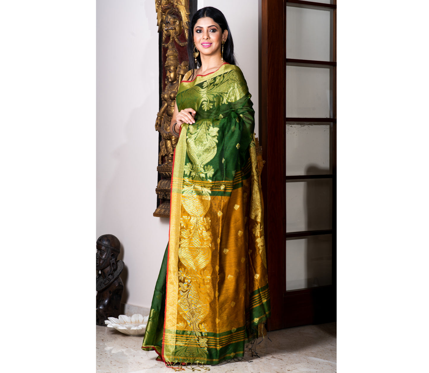 Handloom Saree - Bottle Green & Mustard Yellow