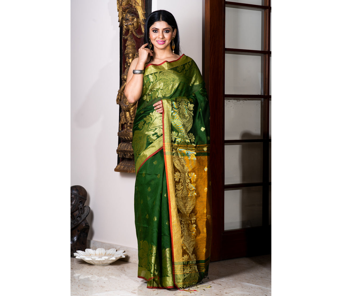 Handloom Saree - Bottle Green & Mustard Yellow - ArtisanSoul