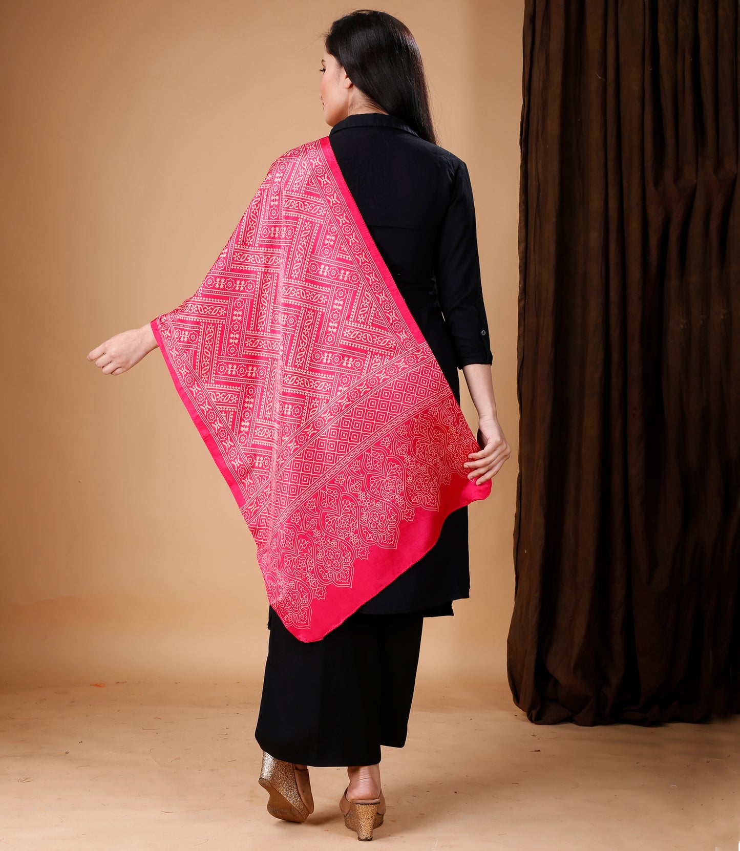 Ajrakh Print Modal Silk Stole From Bengal - Pink - ArtisanSoul