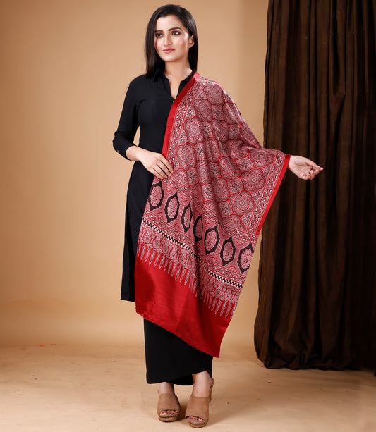Ajrakh Print Modal Silk Stole From Bengal - Maroon - ArtisanSoul