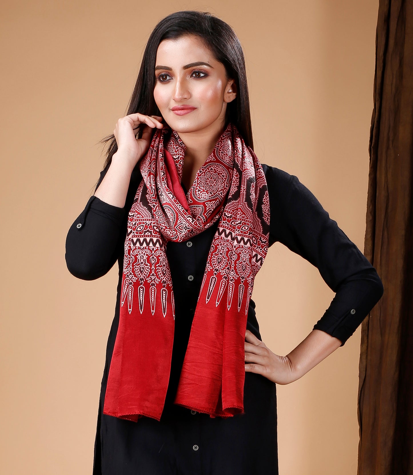 Ajrakh Print Modal Silk Stole From Bengal - Maroon - ArtisanSoul