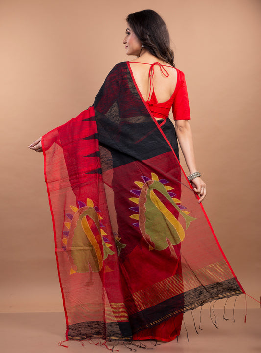 Handloom Gheecha Saree - Black & Red - ArtisanSoul