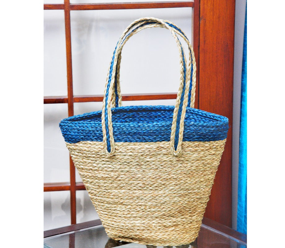 Ladies Bag made out of Sabai Grass from Bengal - Natural with Blue Border - ArtisanSoul