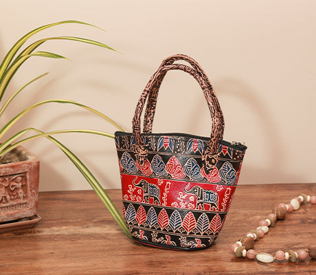 Embossed Leather Potli Bag for Women from Birbhum - Black and Red - ArtisanSoul