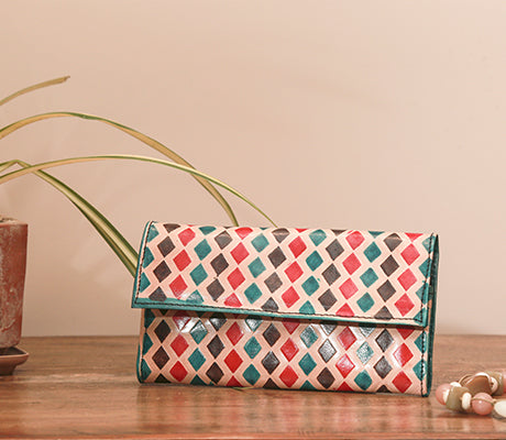 Embossed Leather Purse for Women from Birbhum - Diamond Design. - ArtisanSoul