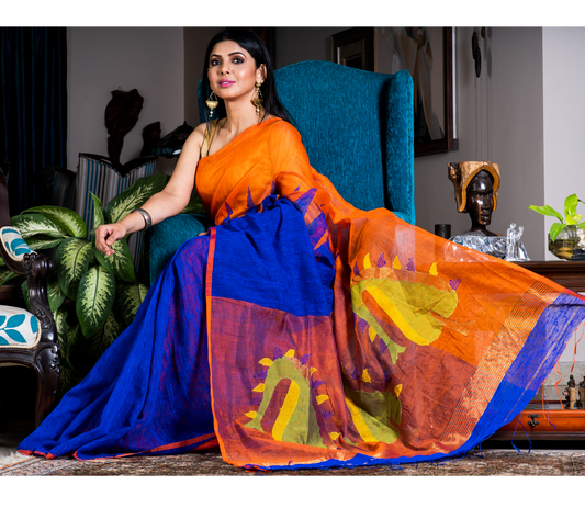 Handloom Gheecha Saree - Blue & Orange - ArtisanSoul