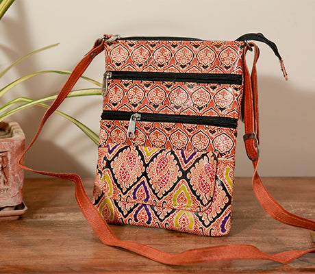 Embossed Leather Multipurpose Sling Bag - Brown - ArtisanSoul