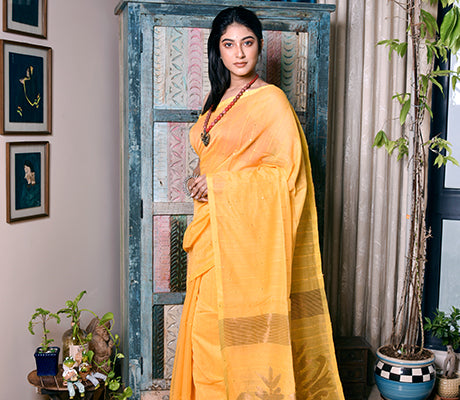 Yellow 'Chumki-kaj' Handloom Saree - ArtisanSoul