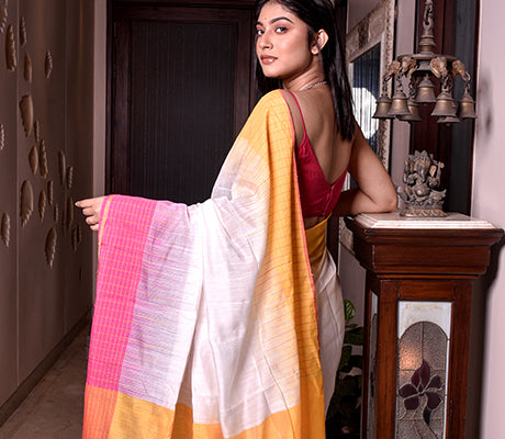 Handloom Saree With Ganga-Jamuna Par - Yellow & Pink on White - ArtisanSoul