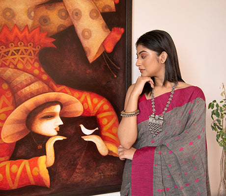 Neemki Kaj on Handloom Saree - Grey